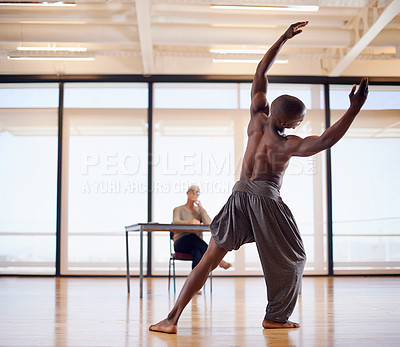 Buy stock photo Man, dancer and judge for routine in studio for performing, ballet and audition or trial in creative school exam. Athletic, person and movement for balance, grace and physical activity or exercise