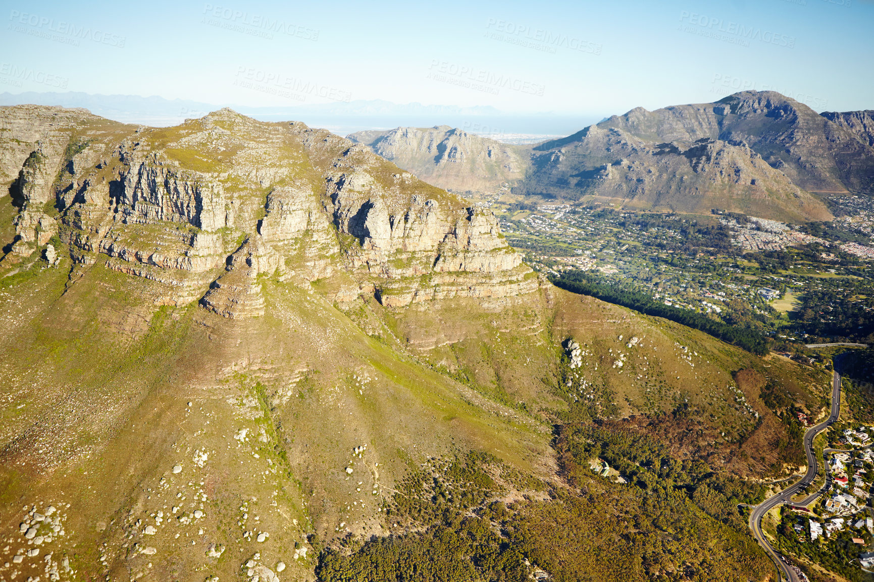 Buy stock photo Aerial view, city and nature of mountain, location and destination for vacation, explore and travel. Tourism, waves and adventure in Sydney, Australia and road in hill, buildings and trip for holiday