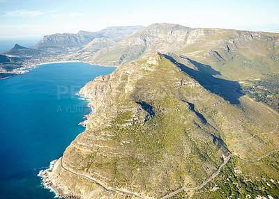 Buy stock photo Aerial view, mountain and green in nature, outdoor and destination for vacation, explore and travel. Landscape, location and holiday in Montreal, Canada and ocean for sustainability, eco and water