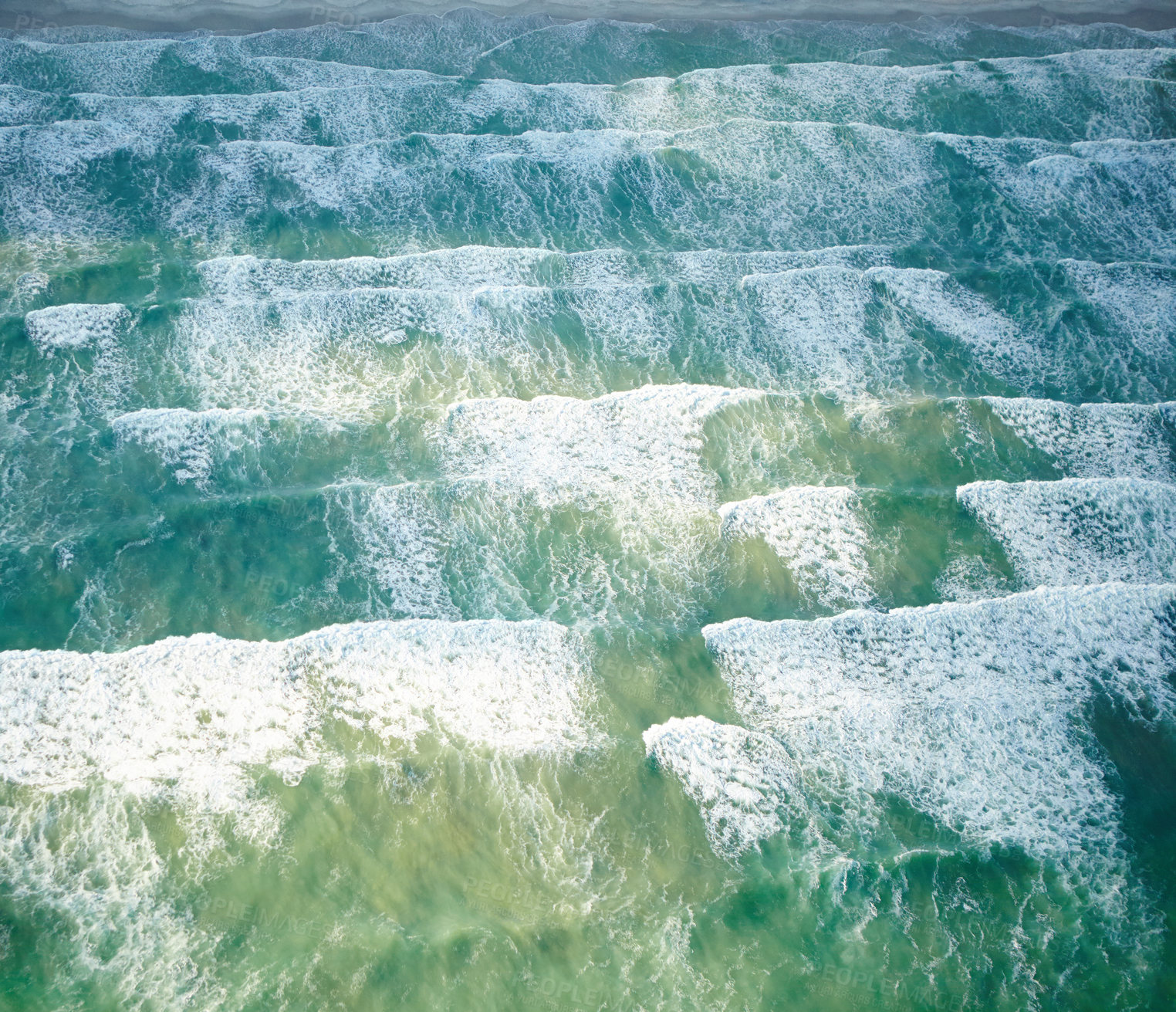 Buy stock photo Beach waves, aerial and nature with water for holiday, environment or weekend getaway. Drone, empty and coastline with landscape for travel location, summer vacation or tropical trip to Greece