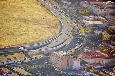 Buy stock photo Aerial view, city and nature of road, location and destination for vacation, explore and travel. Tourism, drone and adventure in Sydney, Australia and street in hill, buildings and trip for holiday