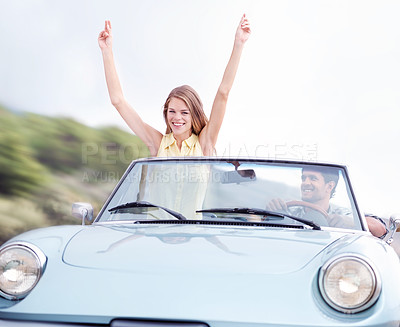 Buy stock photo Portrait, freedom or happy couple driving on road trip on holiday together for love, smile or adventure. Memory, convertible and people in car vehicle for outdoor vacation for journey or honeymoon