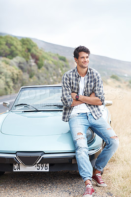 Buy stock photo Thinking, car and man on road trip for travel, vacation or summer holiday outdoor in Spain. Transport, dream and smile of confident person with arms crossed for adventure, drive and journey on hood