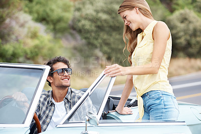 Buy stock photo Happy, talking or couple in countryside on road trip on holiday together for love, travel or adventure. Break, convertible or people in car on outdoor vacation for journey, drive or honeymoon romance