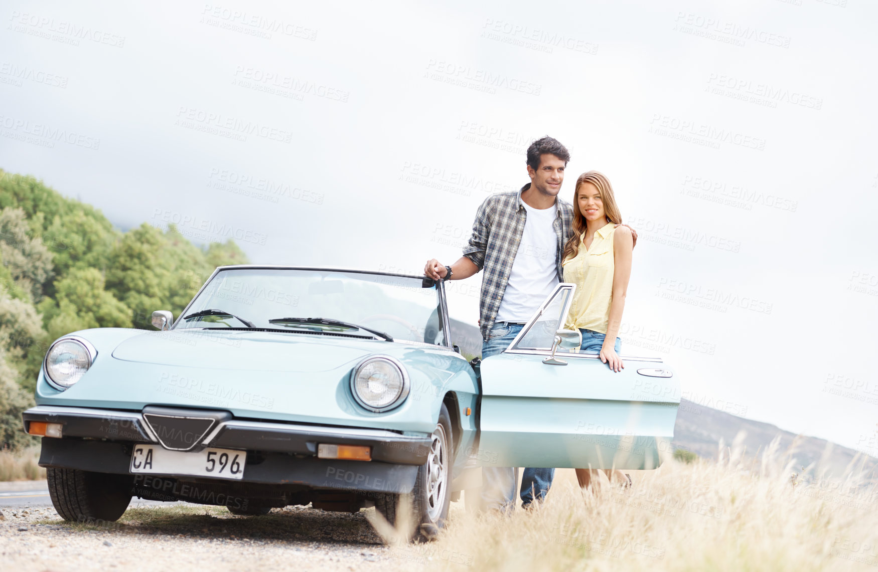 Buy stock photo Hug, break or happy couple in countryside on road trip on holiday together for love, travel or adventure. Thinking, convertible and people in car on outdoor vacation for journey, drive and honeymoon