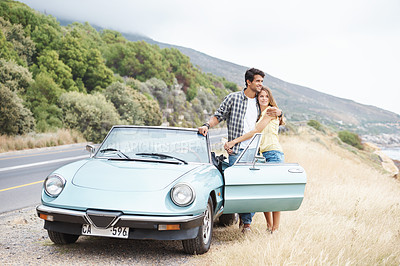 Buy stock photo Love, holiday and happy couple hug on road trip in countryside together for peace, travel or adventure. Thinking, convertible and people in car on vacation for journey, view and honeymoon romance