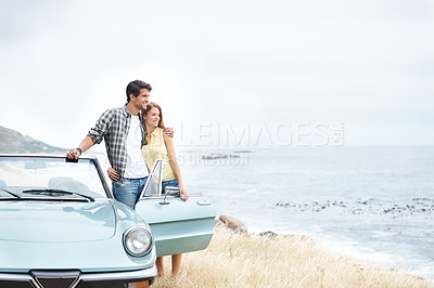 Buy stock photo Beach, view and happy couple hug on road trip in nature together for peace, travel or adventure. Thinking, convertible and people in car on vacation for journey, love and honeymoon romance in Italy