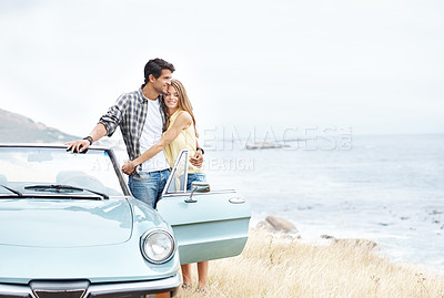 Buy stock photo Sea, love and happy couple hug on road trip in nature together for peace, travel or adventure. View, sky mockup space and people in car on vacation for journey, break and honeymoon romance in Italy