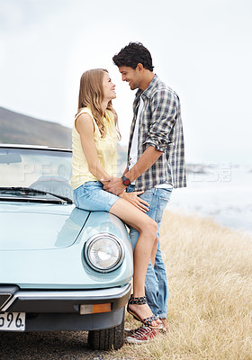 Buy stock photo Nature, romance or happy couple hug on road trip on holiday together for break, love or adventure. Memory, convertible or people in car vehicle for outdoor vacation for journey or honeymoon on hill