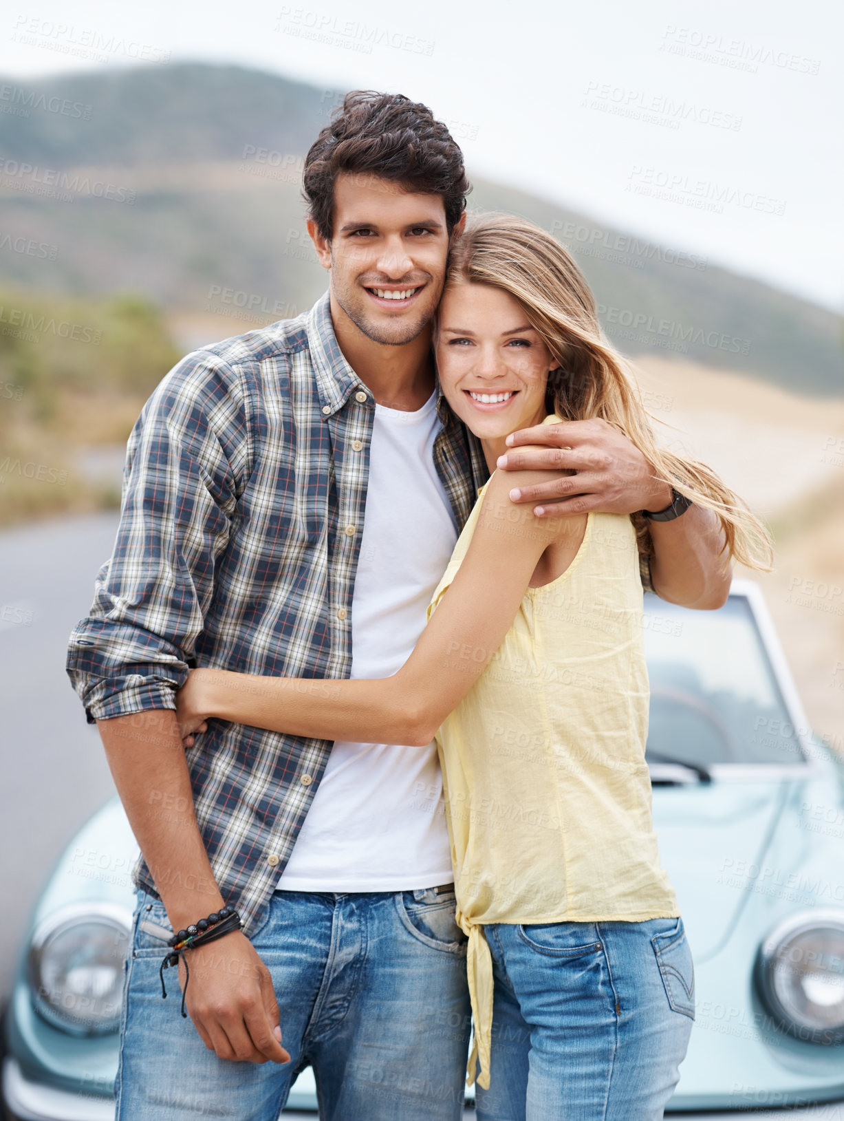 Buy stock photo Couple, portrait and happy hug for road trip for love, freedom and vacation adventure together. Care, man and woman travel for holiday, people and outside for driving celebration with smile.