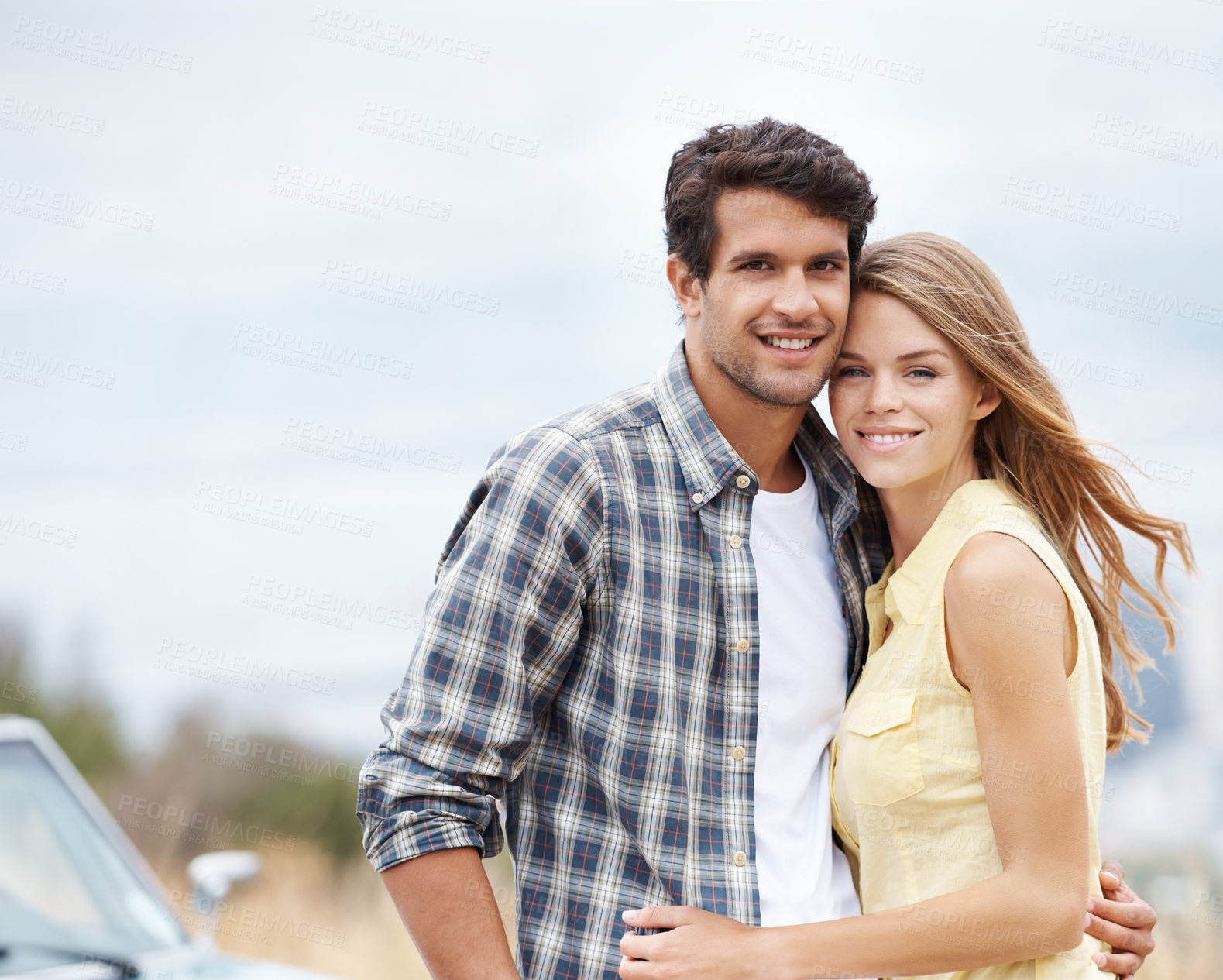 Buy stock photo Portrait, relax or happy couple hug on road trip on holiday together for break, romance or adventure in park. Date, convertible or people in car vehicle for outdoor vacation for journey or honeymoon
