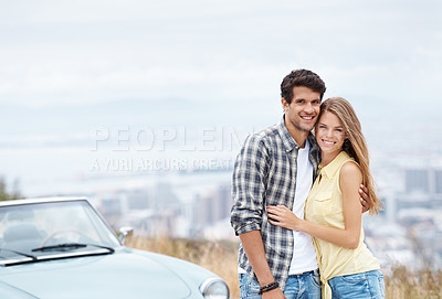 Buy stock photo Portrait, love or happy couple hug on road trip on holiday together for break, romance or adventure in park. Relax, convertible or people in car vehicle for outdoor vacation for journey or honeymoon