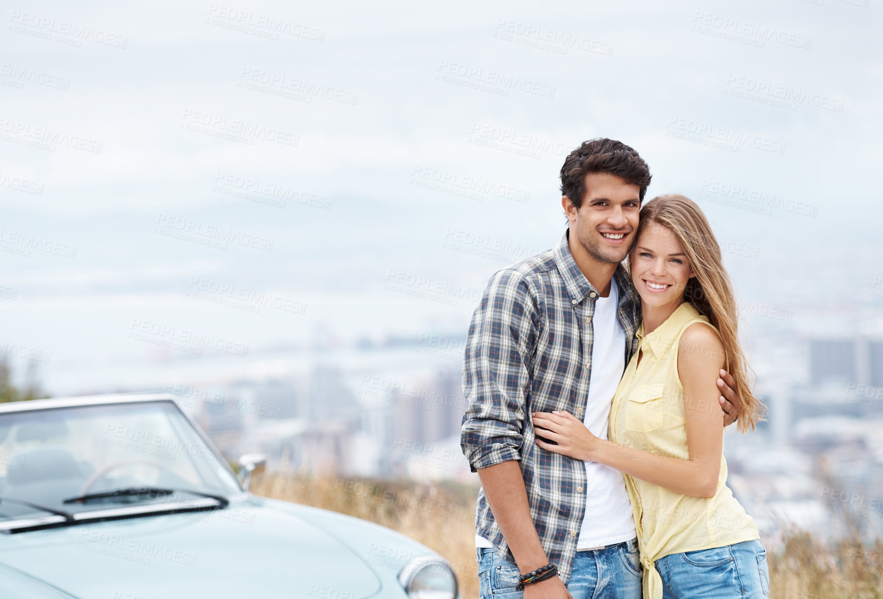 Buy stock photo Portrait, love or happy couple hug on road trip on holiday together for break, romance or adventure in park. Relax, convertible or people in car vehicle for outdoor vacation for journey or honeymoon