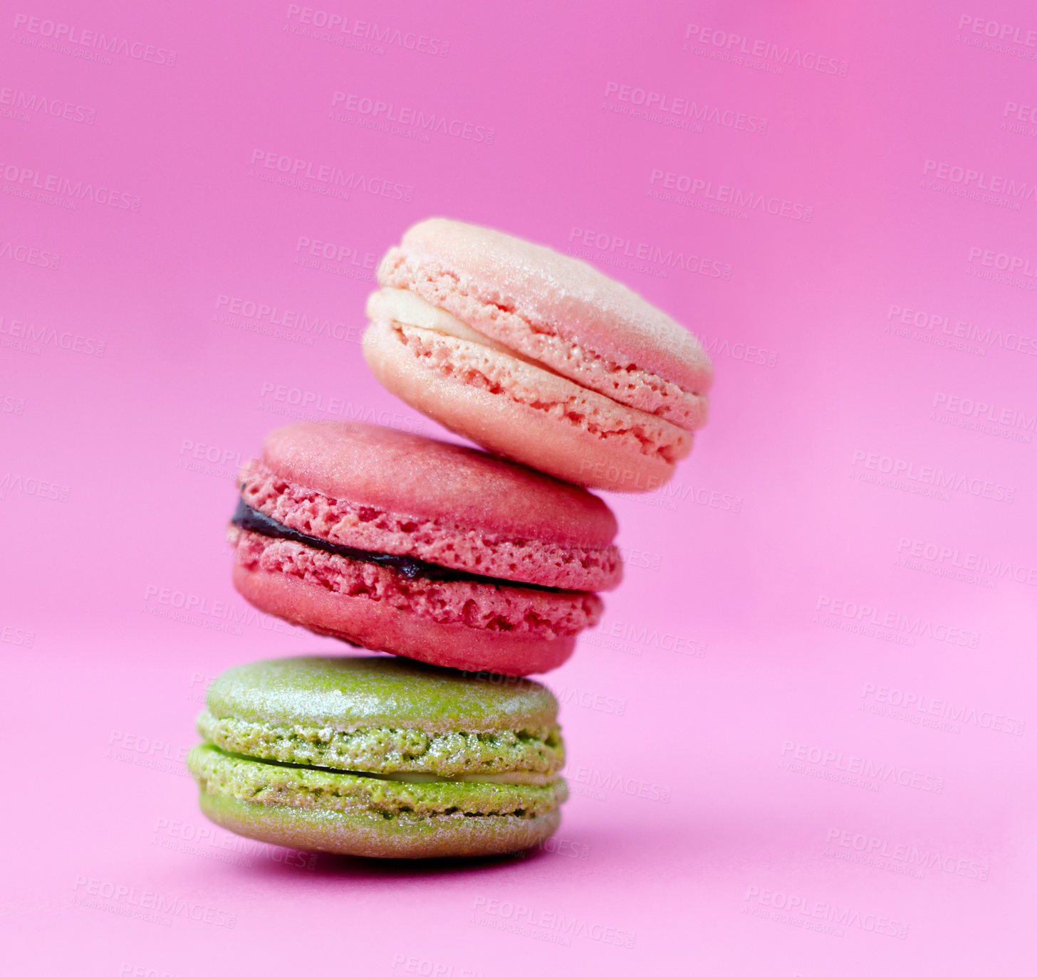Buy stock photo Macaroons, baked candy and stack of French sweets with variety, delicacy and treats on pink background. Dessert, luxury and different flavors of confectionery for bakery, fine dining and cookies