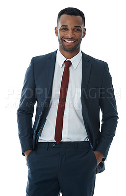Buy stock photo A handsome smiling businessman with his hands in his pockets