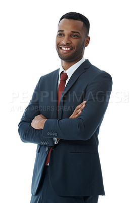 Buy stock photo A handsome smiling businessman with his arms folded while isolated on white