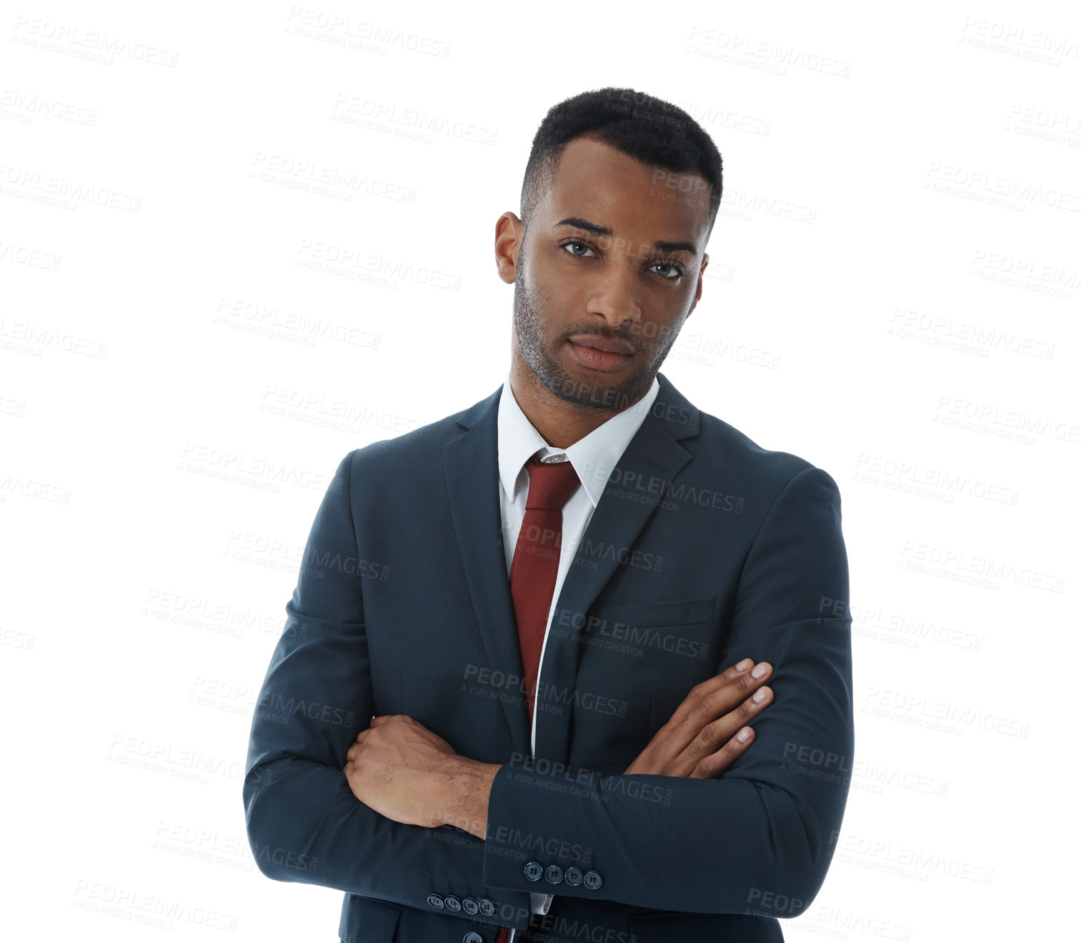 Buy stock photo Businessman, smile and confident in studio with portrait for professional career in corporate law, legal practice and justice. Male lawyer, arms crossed and pride for attorney with white background.