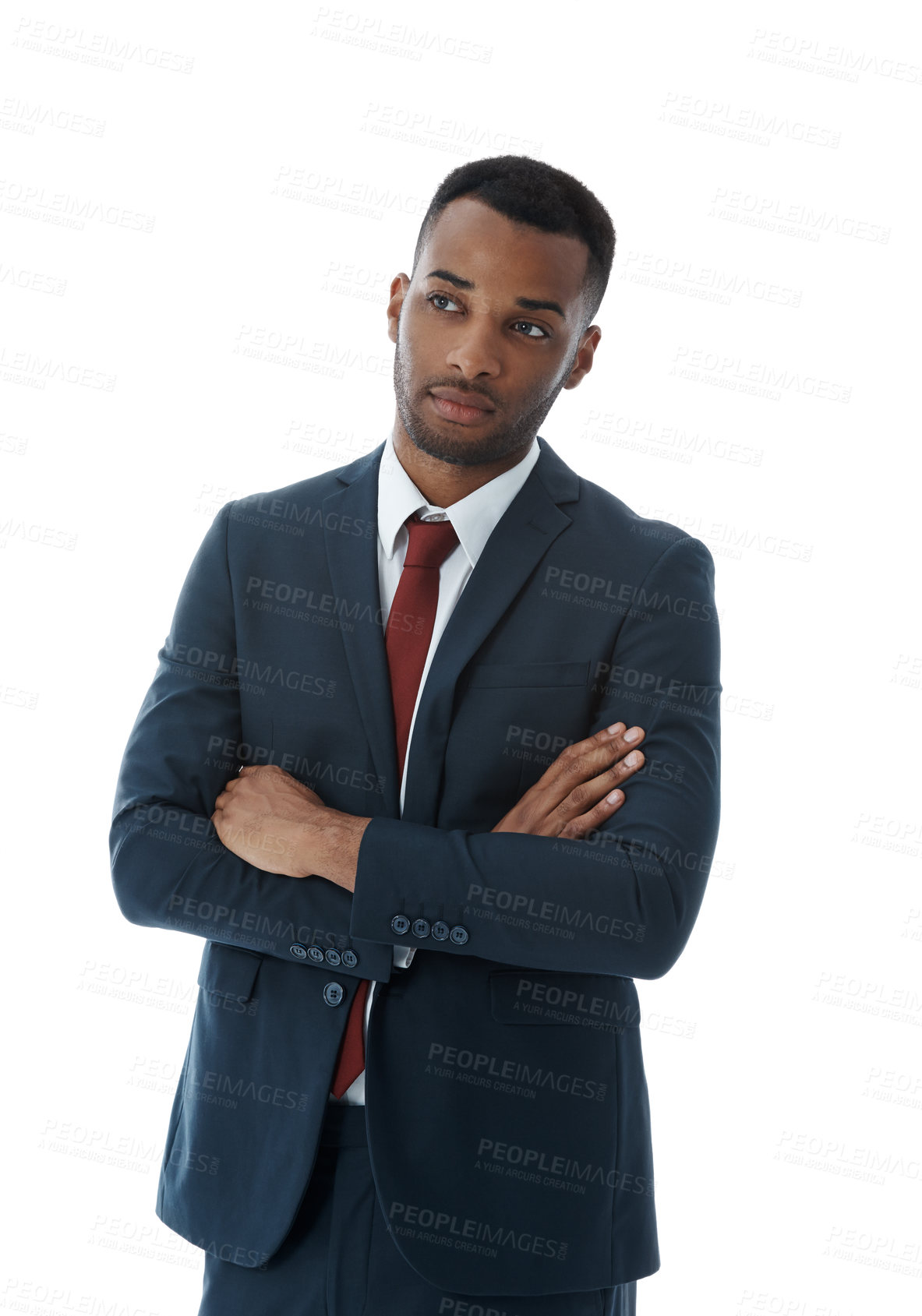 Buy stock photo Businessman, thinking and confident in studio with pride for professional career in corporate law, legal practice and justice. Male lawyer, arms crossed and proud for attorney with white background.