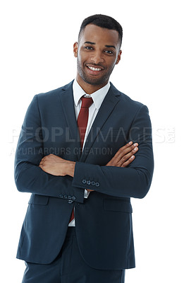 Buy stock photo Businessman, smile and arms crossed in studio with portrait for professional career in corporate law, legal practice and justice. Male lawyer, confidence and pride for attorney with white background.