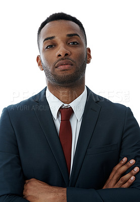 Buy stock photo A handsome businessman with his arms folded while isolated on white