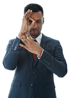 Buy stock photo Businessman, portrait and eye with ok sign for sight, expression or approval on a white studio background. Man or employee with emoji, gesture or okay for business intuition, future or perception