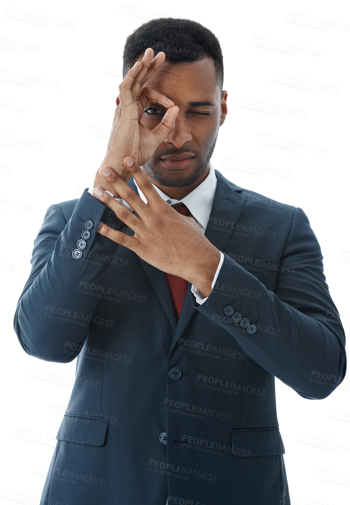 Buy stock photo Businessman, portrait and eye with ok sign for sight, expression or approval on a white studio background. Man or employee with emoji, gesture or okay for business intuition, future or perception