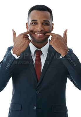 Buy stock photo Businessman, mouth and dental with smile in studio for oral hygiene, teeth whitening and gum health. Professional, employee and portrait with fresh breath, wellness and cleaning on white background