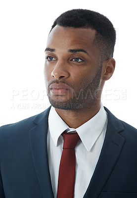 Buy stock photo Idea, business attorney and black man with consultant in studio on white background. Professional lawyer, thinking and confident employee, legal advocate or African advisor in law firm for career