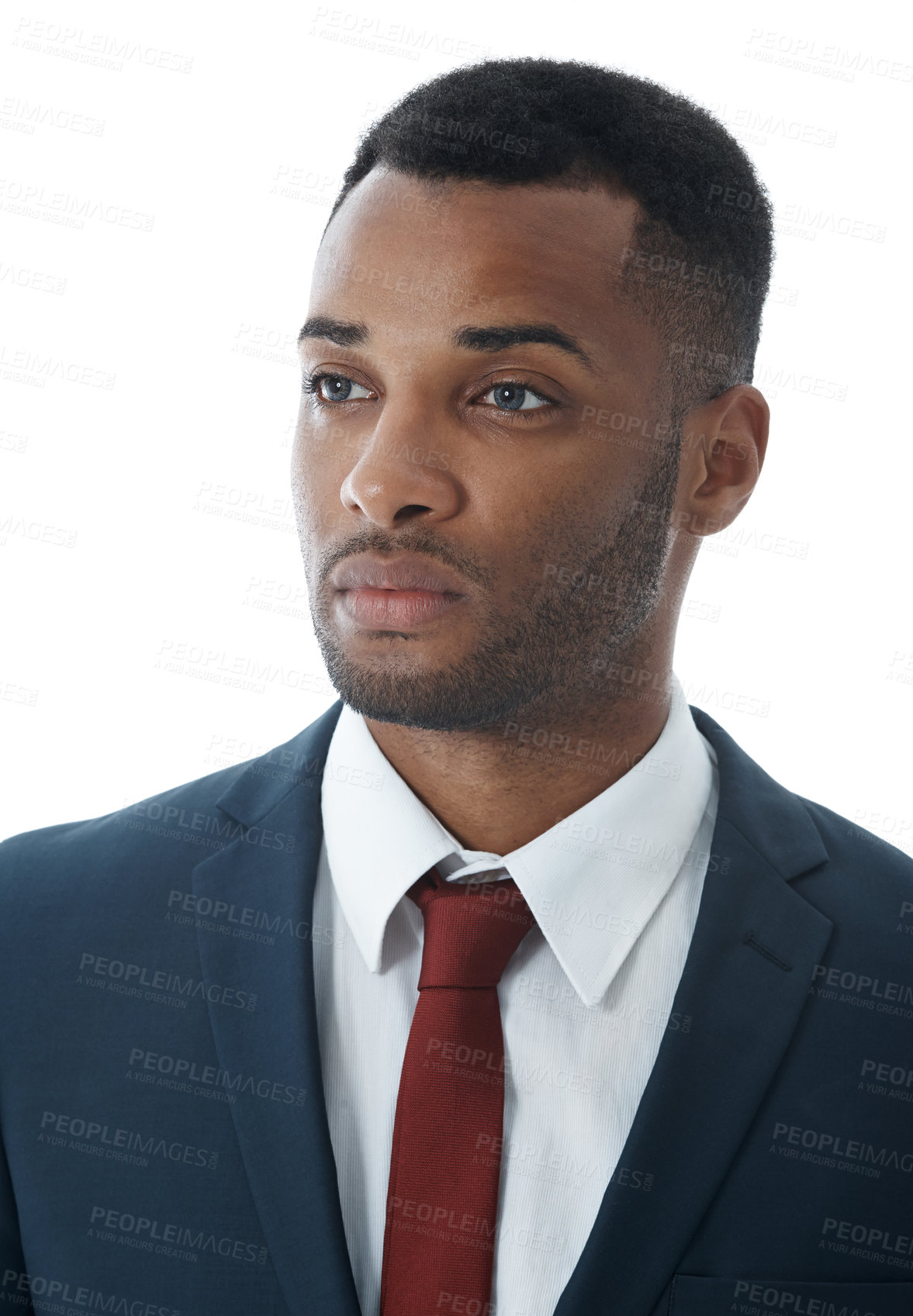 Buy stock photo Idea, business attorney and black man with consultant in studio on white background. Professional lawyer, thinking and confident employee, legal advocate or African advisor in law firm for career