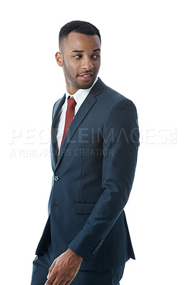 Buy stock photo Business, man and thinking professional in studio with confidence for corporate intern, career in law firm and startup. Entrepreneur, employee and smile with pride for job on white background mockup