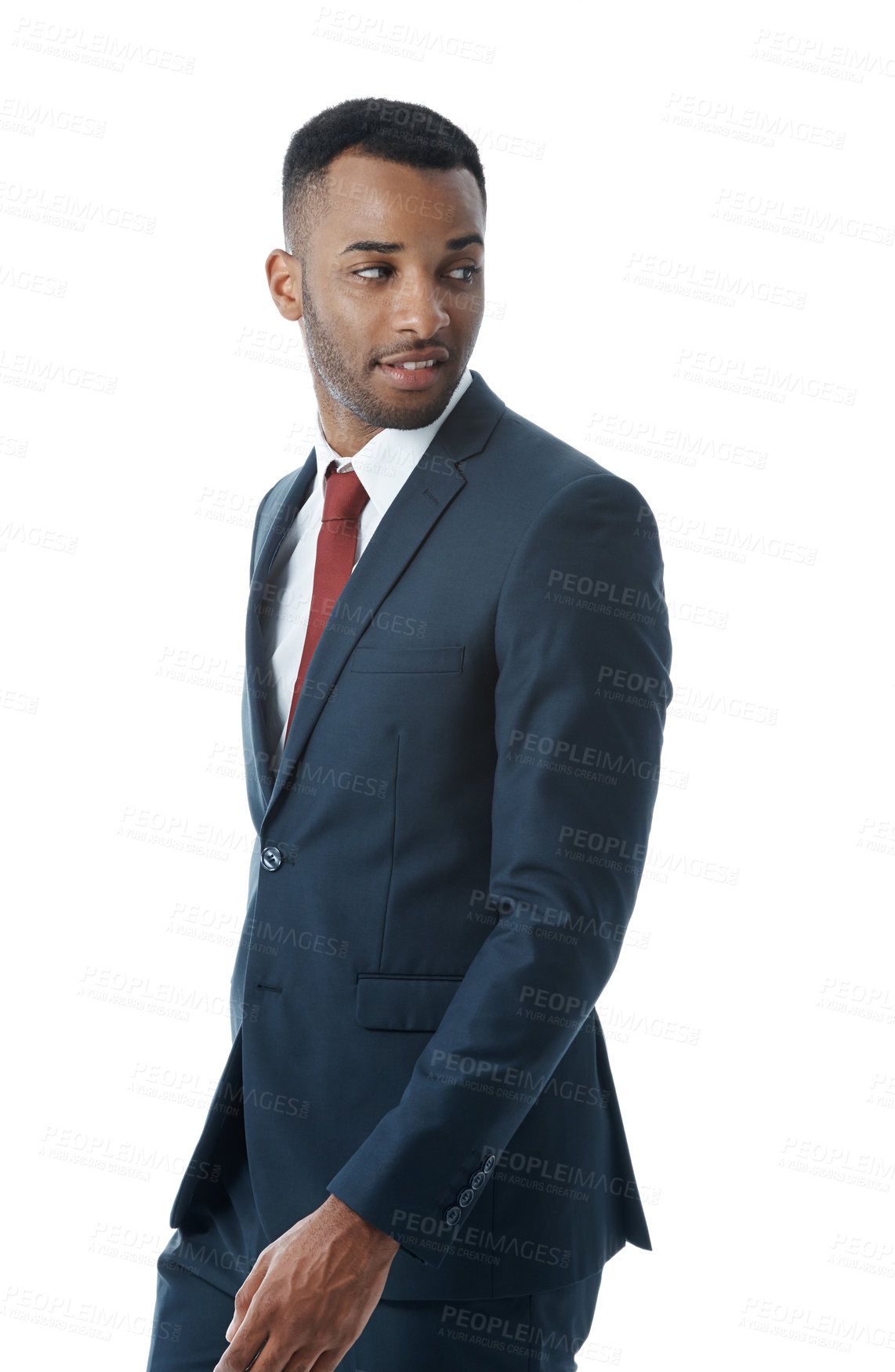 Buy stock photo Business, man and thinking professional in studio with confidence for corporate intern, career in law firm and startup. Entrepreneur, employee and smile with pride for job on white background mockup