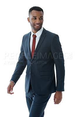 Buy stock photo Businessman, professional and happy with thinking in studio with confidence for corporate intern and career in law firm. Entrepreneur, employee and smile with pride for job on white background mockup