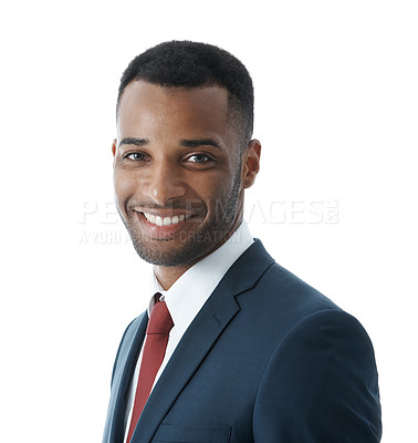 Buy stock photo A smiling young businessman looking at the camera while isolated on white