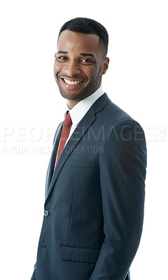 Buy stock photo Portrait, business lawyer and happy black man in studio isolated on white background. Professional attorney, face and confident employee, legal advocate and African advisor in law firm for career