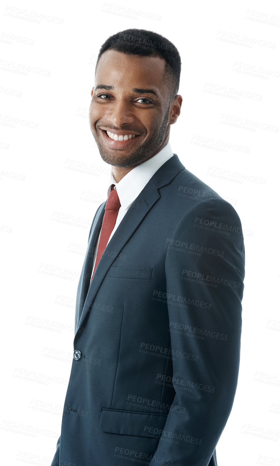 Buy stock photo Portrait, business lawyer and happy black man in studio isolated on white background. Professional attorney, face and confident employee, legal advocate and African advisor in law firm for career