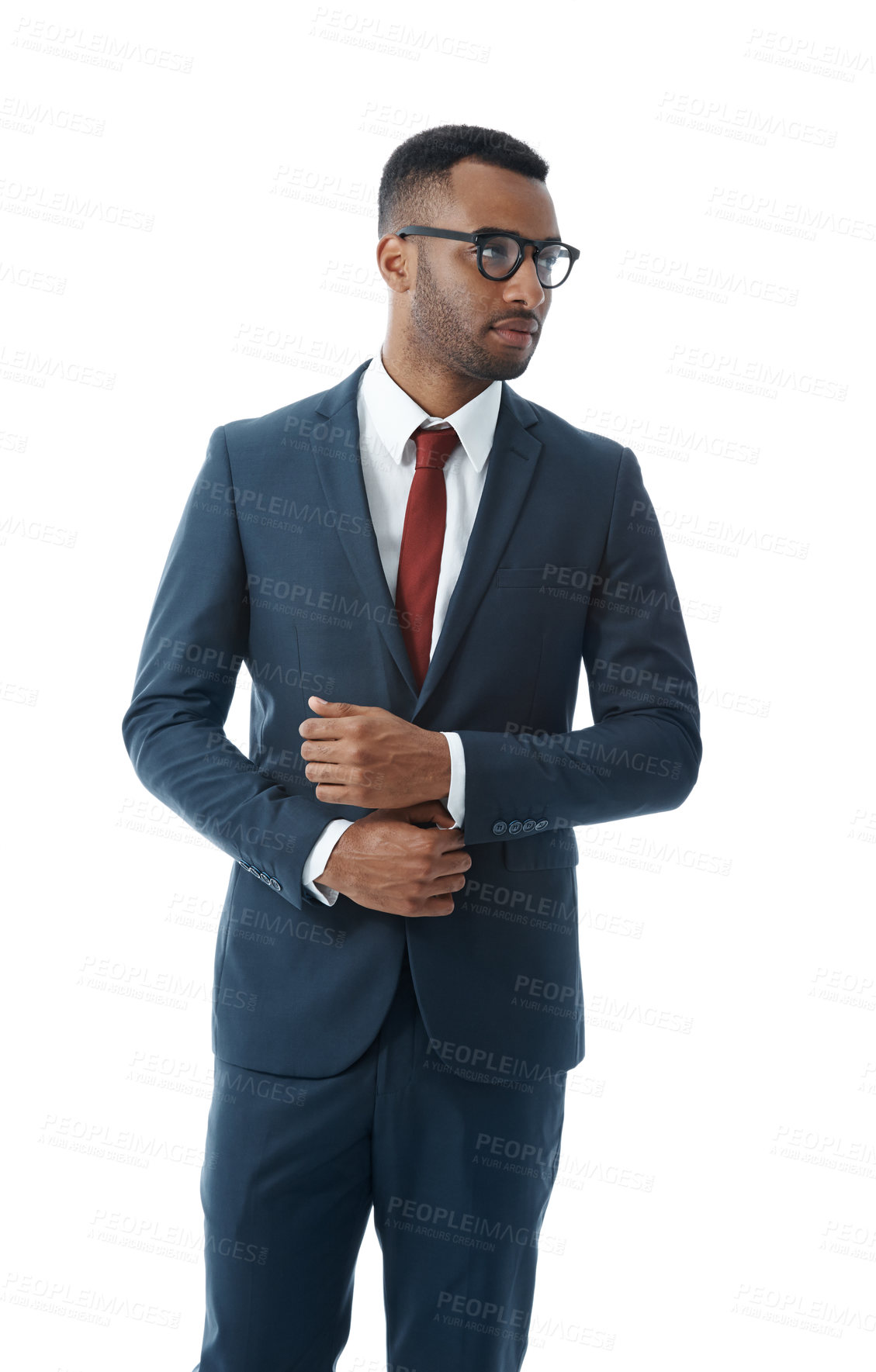 Buy stock photo Business, thinking and black man with glasses, ideas and model isolated on white studio background. African person, employee and financial consultant with eyewear, decision and choice with solution