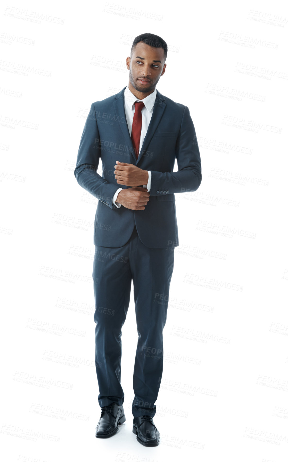 Buy stock photo Confidence, lawyer and business black man in studio with attitude, ambition and pride for law company. Professional, corporate and isolated person for legal career, work and job on white background