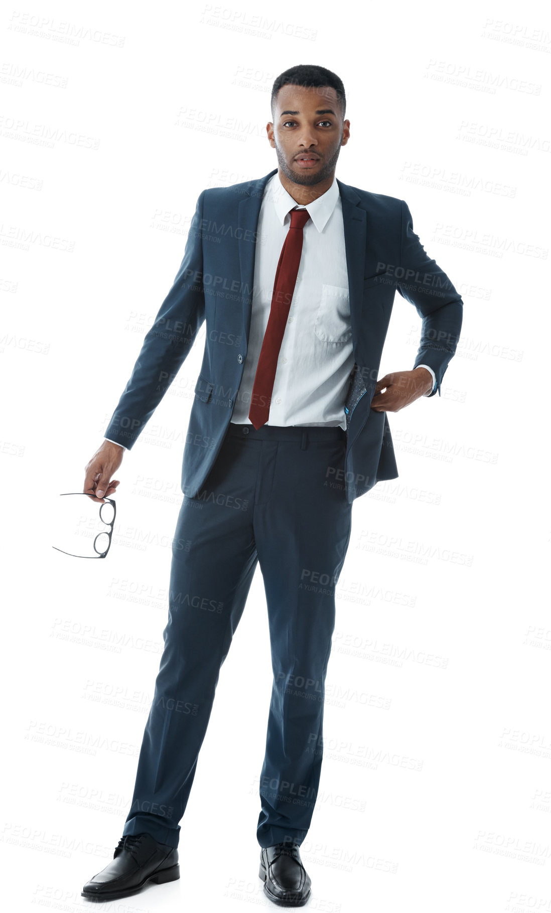 Buy stock photo Black businessman, portrait and suit in studio with fashion for confidence in investment banking career. Glasses, proud broker or African banker in corporate institution on white background for style