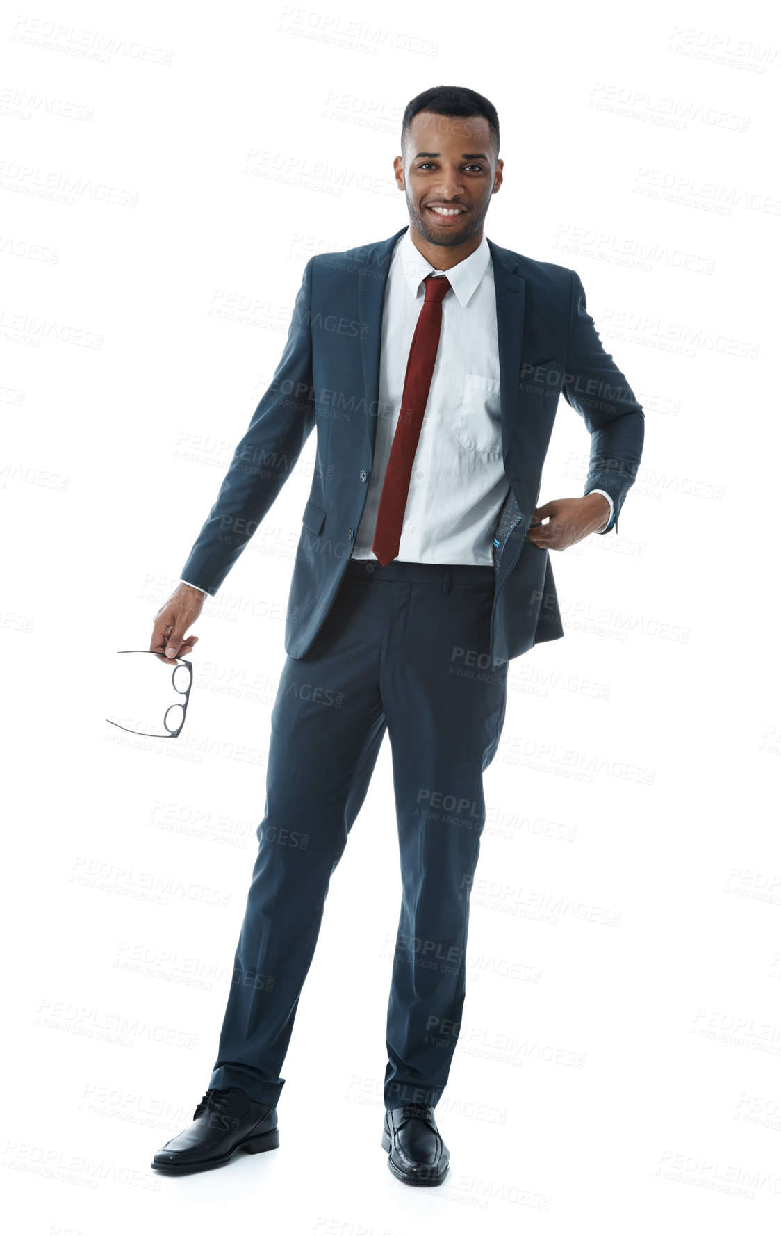 Buy stock photo Happy, black businessman or portrait in studio for fashion or confidence in investment banking career. Glasses, financier or African banker in corporate company on white background for style or smile