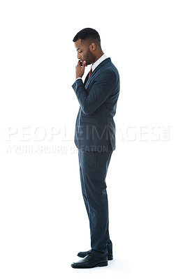 Buy stock photo A serious young businessman looking down while thinking - Isolated on white