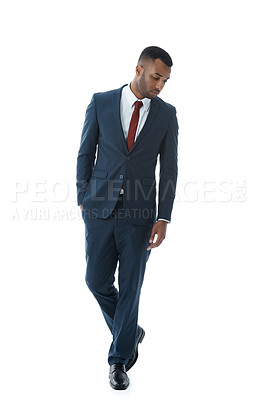 Buy stock photo Ideas, business and black man with thinking, decision and employee on white studio background. African person, financial consultant and agent with questions, choice and thoughts with confidence