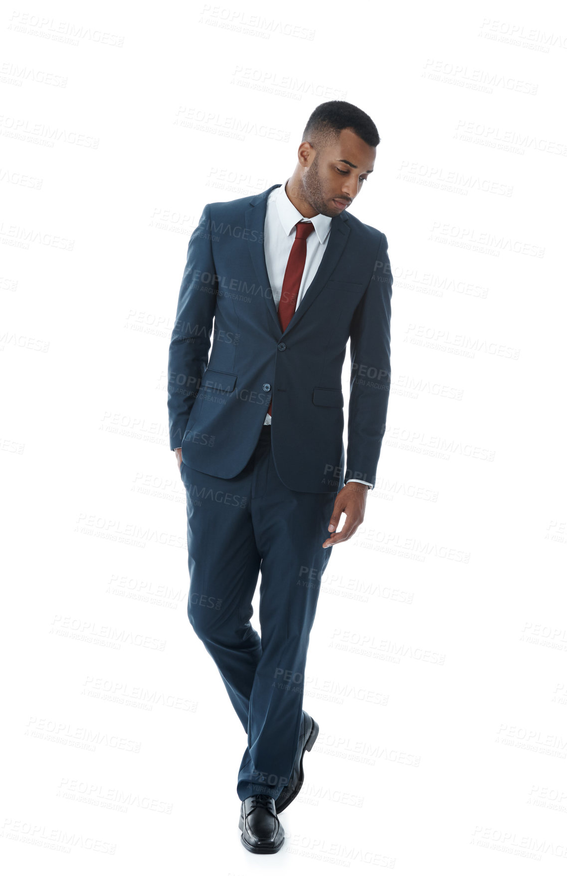 Buy stock photo Ideas, business and black man with thinking, decision and employee on white studio background. African person, financial consultant and agent with questions, choice and thoughts with confidence