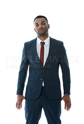 Buy stock photo Black businessman, portrait or confidence in studio with fashion or suit in investment banking career. Financier, proud broker or African banker in corporate institution on white background for style