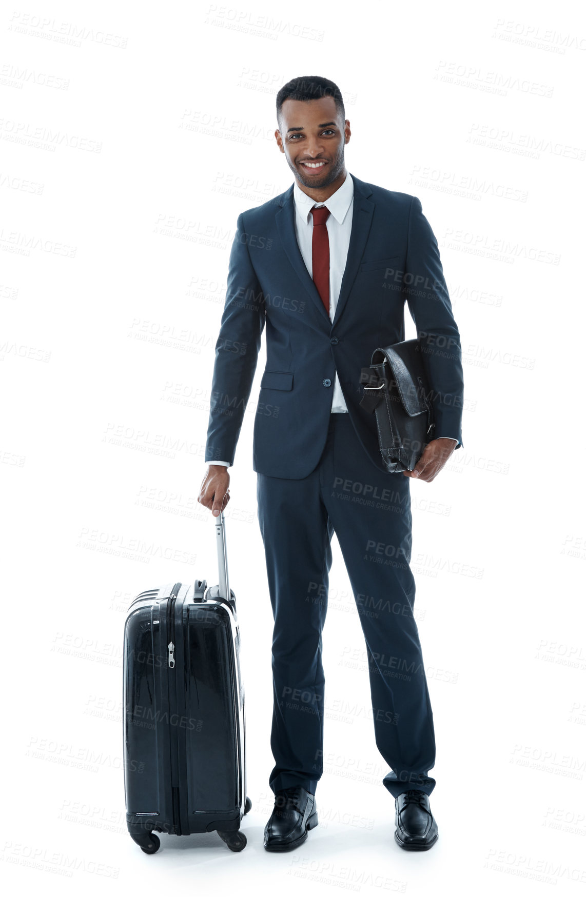 Buy stock photo Portrait smile, business man and suitcase for work trip, immigration and travel flight in studio. Attorney, luggage and airport journey to foreign city, commute and professional by white background