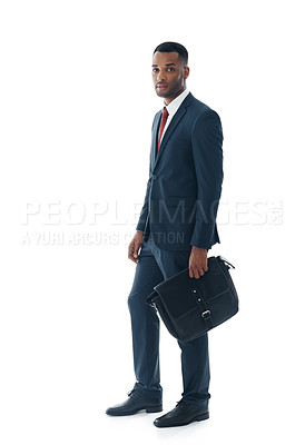 Buy stock photo Businessman, portrait and walking with bag for travel, career or job opportunity on a white studio background. Young man or employee with suitcase or satchel in business suit or stylish fashion