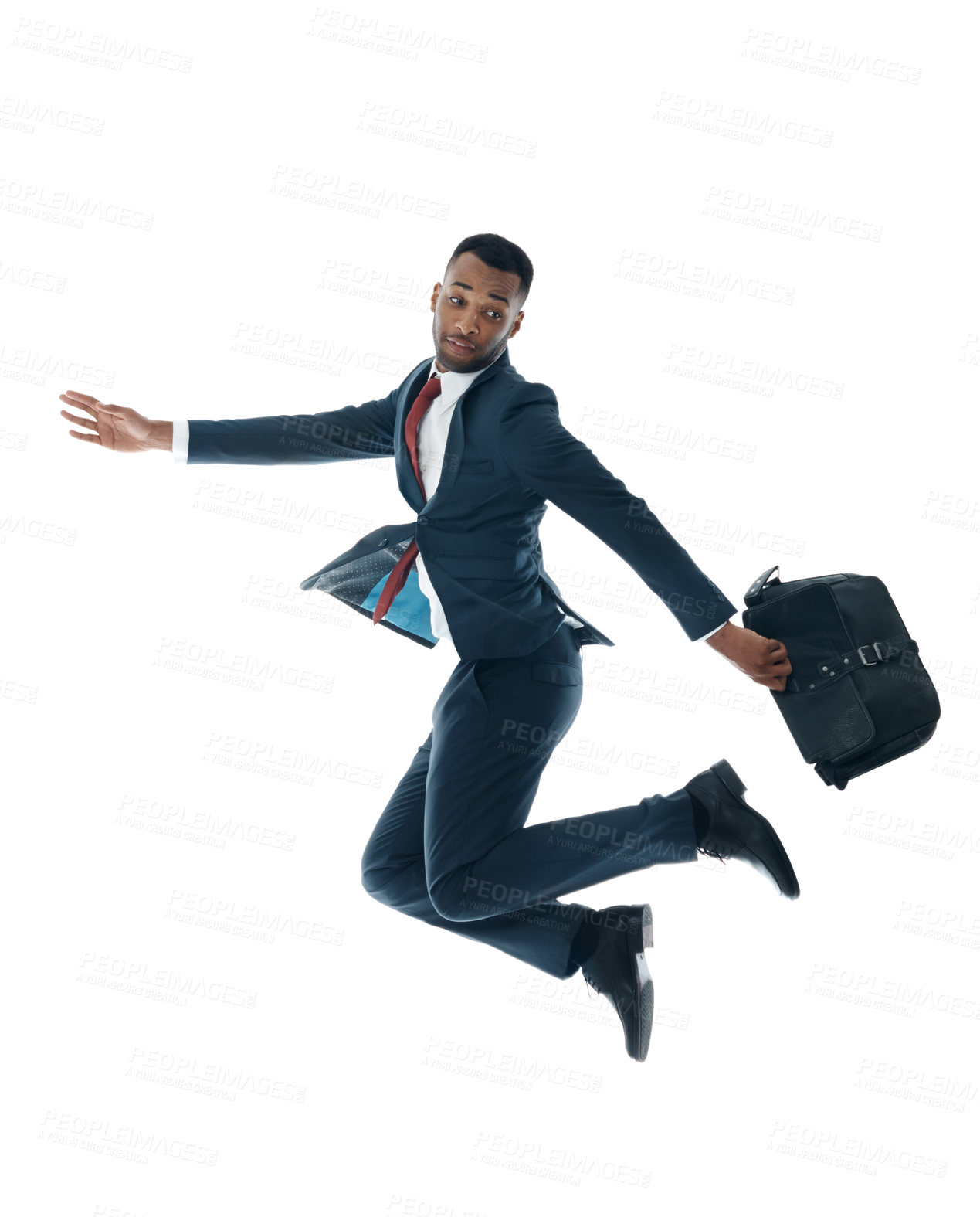 Buy stock photo Business, jumping and black man with celebration, bag and success isolated on white studio background. African person, happy employee and financial consultant with confidence, achievement and energy