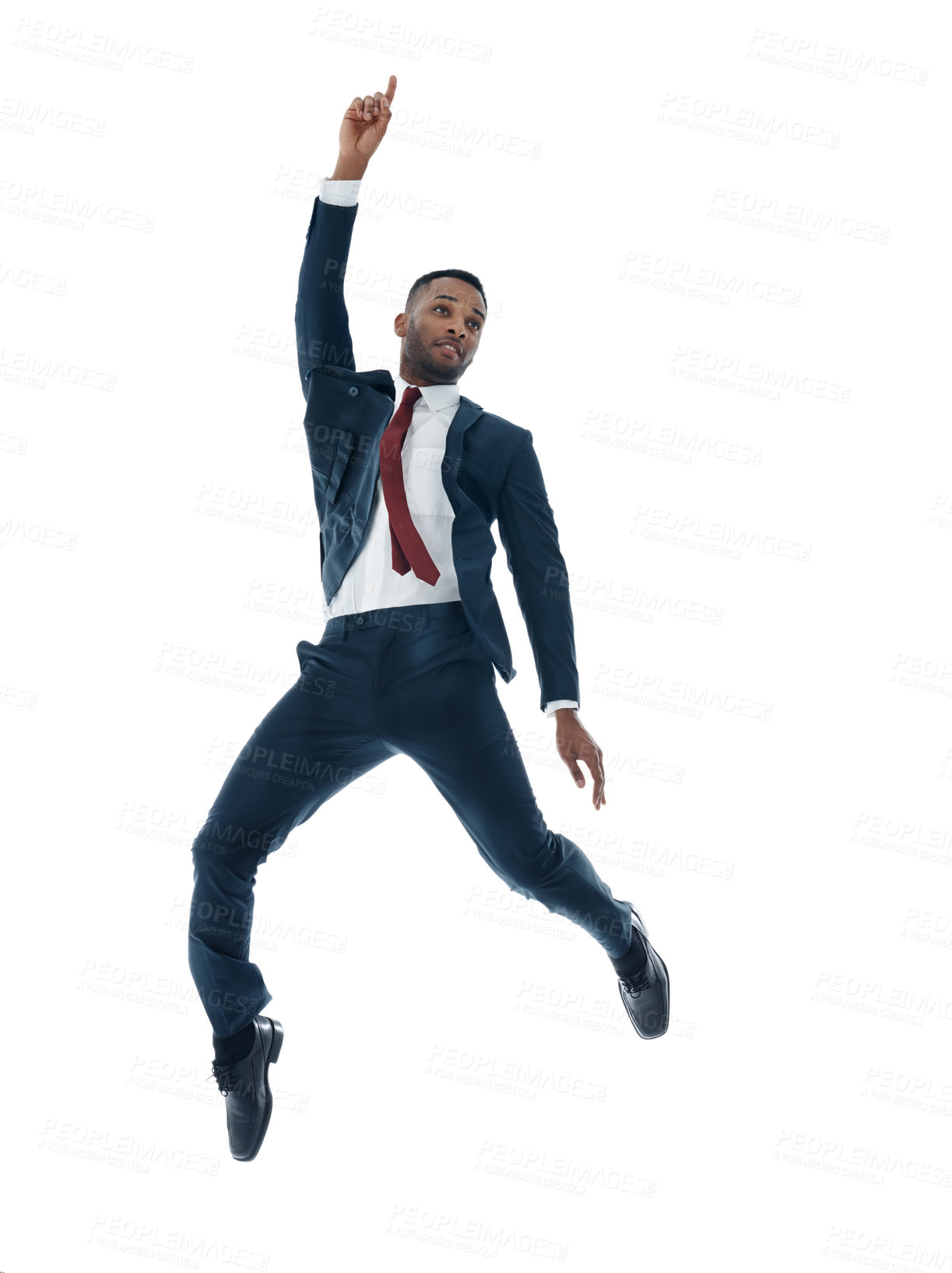 Buy stock photo Excited businessman, jump and air with suit for winning, achievement or promotion on white studio background. Happy man, young employee or model in celebration or satisfaction for victory or success