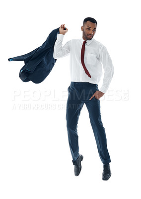 Buy stock photo A handsome young businessman jumping while isolated on white