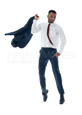 Buy stock photo Confident businessman, jump and air with suit for winning, achievement or promotion on a white studio background. Young man, employee or model in celebration or satisfaction for victory or success