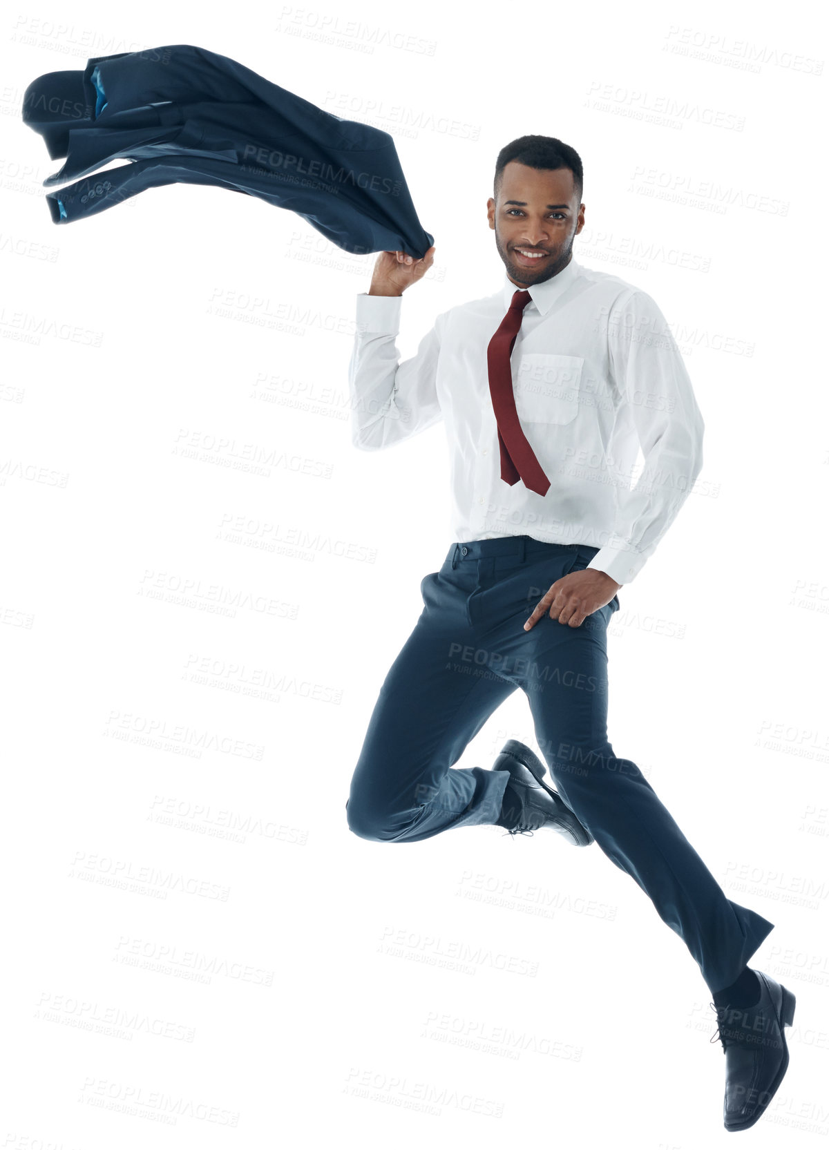 Buy stock photo Happy businessman, jump and air with jacket for winning, achievement or promotion on a white studio background. Excited man, employee or model in celebration or satisfaction for victory or success